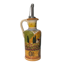 Load image into Gallery viewer, Balsamic vinegar bottle with handle - 250ml - Tuscan landscape with poppies and orange trim