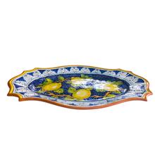 Load image into Gallery viewer, Oval serving platter - blue with lemons and decorative edge, large