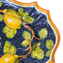 Load image into Gallery viewer, Oval serving platter - lemons on navy blue with orange edge, large