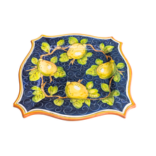 Load image into Gallery viewer, Square serving platter - lemons on navy blue with orange edge
