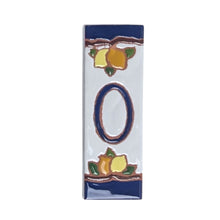 Load image into Gallery viewer, Ceramic house number tile - lemons & oranges with dark blue edge, ceramic relief style