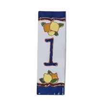 Load image into Gallery viewer, Ceramic house number tile - lemons & oranges with dark blue edge, ceramic relief style