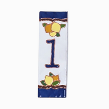 Load image into Gallery viewer, Ceramic house number tile - lemons & oranges with dark blue edge, ceramic relief style