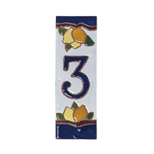 Load image into Gallery viewer, Ceramic house number tile - lemons & oranges with dark blue edge, ceramic relief style
