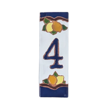 Load image into Gallery viewer, Ceramic house number tile - lemons & oranges with dark blue edge, ceramic relief style