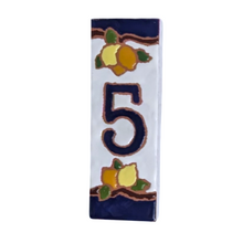Load image into Gallery viewer, Ceramic house number tile - lemons & oranges with dark blue edge, ceramic relief style