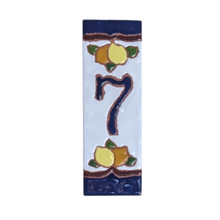 Load image into Gallery viewer, Ceramic house number tile - lemons & oranges with dark blue edge, ceramic relief style