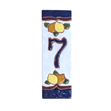 Load image into Gallery viewer, Ceramic house number tile - lemons & oranges with dark blue edge, ceramic relief style