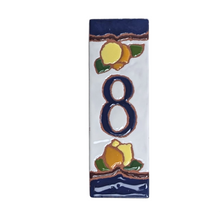 Load image into Gallery viewer, Ceramic house number tile - lemons & oranges with dark blue edge, ceramic relief style