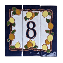 Load image into Gallery viewer, A ceramic house number tile featuring a lemon and orange design with the number 8 in the center, surrounded by a dark blue edge.