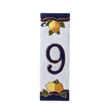 Load image into Gallery viewer, Ceramic house number tile - lemons & oranges with dark blue edge, ceramic relief style