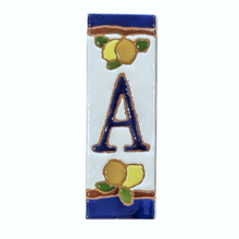 Load image into Gallery viewer, Ceramic house number tile - lemons & oranges with dark blue edge, ceramic relief style