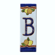 Load image into Gallery viewer, Ceramic house number tile - lemons & oranges with dark blue edge, ceramic relief style