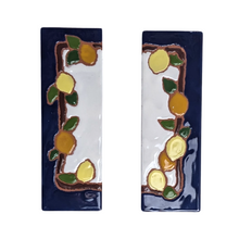 Load image into Gallery viewer, Ceramic house number tile - lemons & oranges with dark blue edge, ceramic relief style