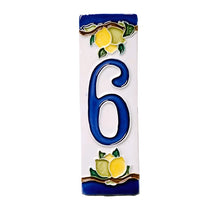Load image into Gallery viewer, Ceramic house number tile - lemons & limes with dark blue edge