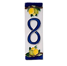 Load image into Gallery viewer, Ceramic house number tile - lemons & limes with dark blue edge