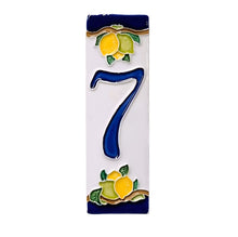 Load image into Gallery viewer, Ceramic house number tile - lemons & limes with dark blue edge