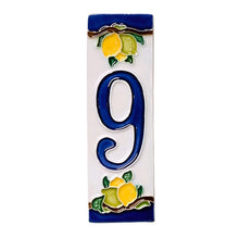 Load image into Gallery viewer, Ceramic house number tile - lemons & limes with dark blue edge