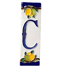 Load image into Gallery viewer, Ceramic house number tile - lemons & limes with dark blue edge