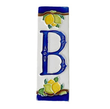 Load image into Gallery viewer, Ceramic house number tile - lemons & limes with dark blue edge