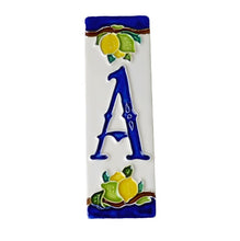 Load image into Gallery viewer, Ceramic house number tile - lemons & limes with dark blue edge