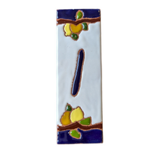 Load image into Gallery viewer, Ceramic house number tile - lemons & oranges with dark blue edge, ceramic relief style