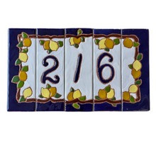 Load image into Gallery viewer, Ceramic house number tile - lemons & oranges with dark blue edge, ceramic relief style