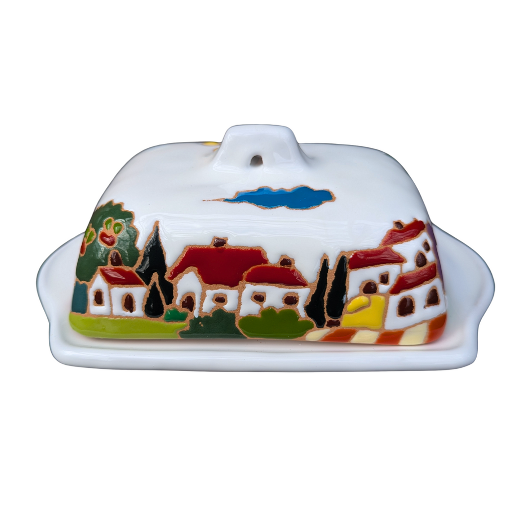 Butter dish with Tuscan village scene, relief style