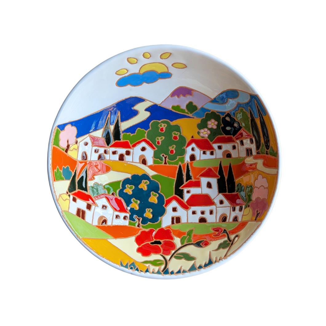 Round bowl with Tuscan village, relief style - 25cm diam