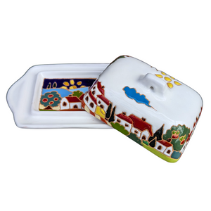 Butter dish with Tuscan village scene, relief style