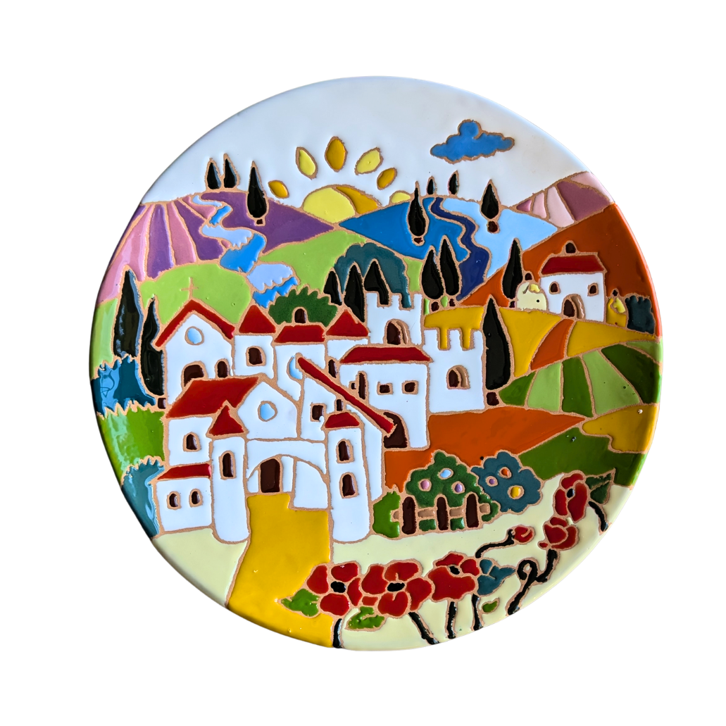 Round wall plate with Tuscan village scene, relief style - 30cm diameter