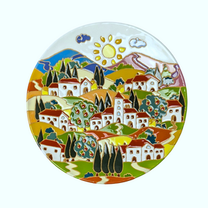 Round wall plate with Tuscan village scene, 30cm diameter