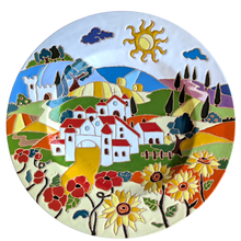 Load image into Gallery viewer, Round wall plate with Tuscan village scene, relief style - 40cm diameter
