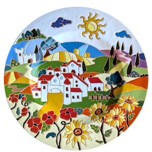 Round wall plate with Tuscan village scene, relief style - 40cm diameter