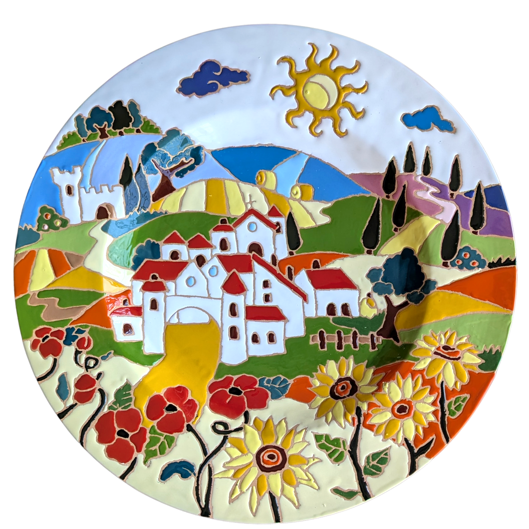 Round wall plate with Tuscan village scene, relief style - 40cm diameter