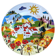 Round wall plate with Tuscan village scene, relief style - 40cm diameter