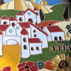Round wall plate with Tuscan village scene, relief style - 40cm diameter