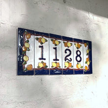 Load image into Gallery viewer, Ceramic house number tile - lemons &amp; oranges with dark blue edge, ceramic relief style
