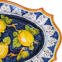 Load image into Gallery viewer, Oval serving platter - blue with lemons and decorative edge, large
