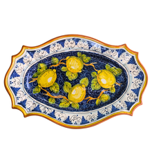 Load image into Gallery viewer, Oval serving platter - blue with lemons and decorative edge, large
