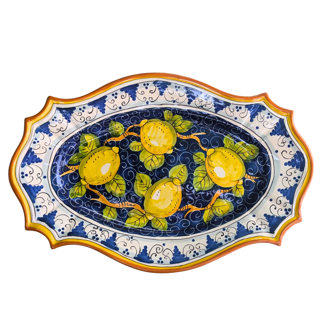Oval serving platter - blue with lemons and decorative edge, large