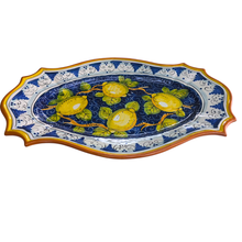 Load image into Gallery viewer, Oval serving platter - blue with lemons and decorative edge, large
