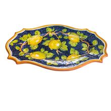 Load image into Gallery viewer, Oval serving platter -  lemons on navy blue with orange edge, large
