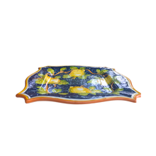 Load image into Gallery viewer, Square serving platter -  lemons on navy blue with orange edge
