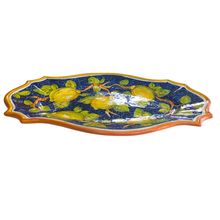Load image into Gallery viewer, Oval serving platter -  lemons on navy blue with orange edge, large
