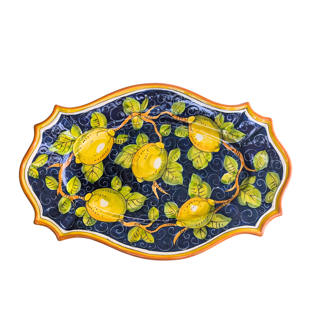Oval serving platter -  lemons on navy blue with orange edge, large