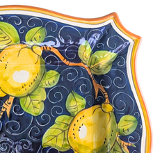 Load image into Gallery viewer, Square serving platter -  lemons on navy blue with orange edge
