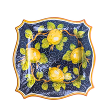 Load image into Gallery viewer, Square serving platter -  lemons on navy blue with orange edge
