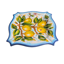 Load image into Gallery viewer, Square serving platter -  lemons on white with light blue edge
