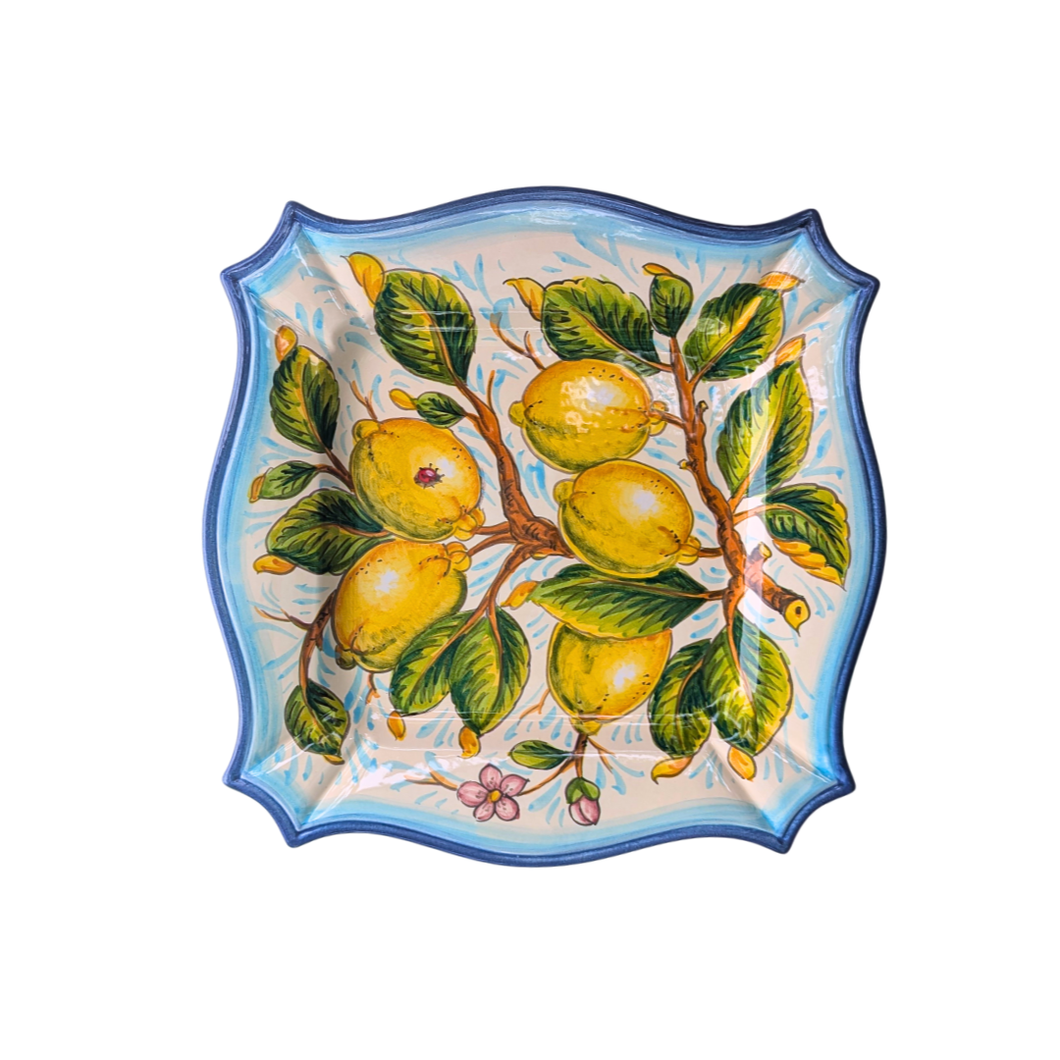 Square serving platter -  lemons on white with light blue edge